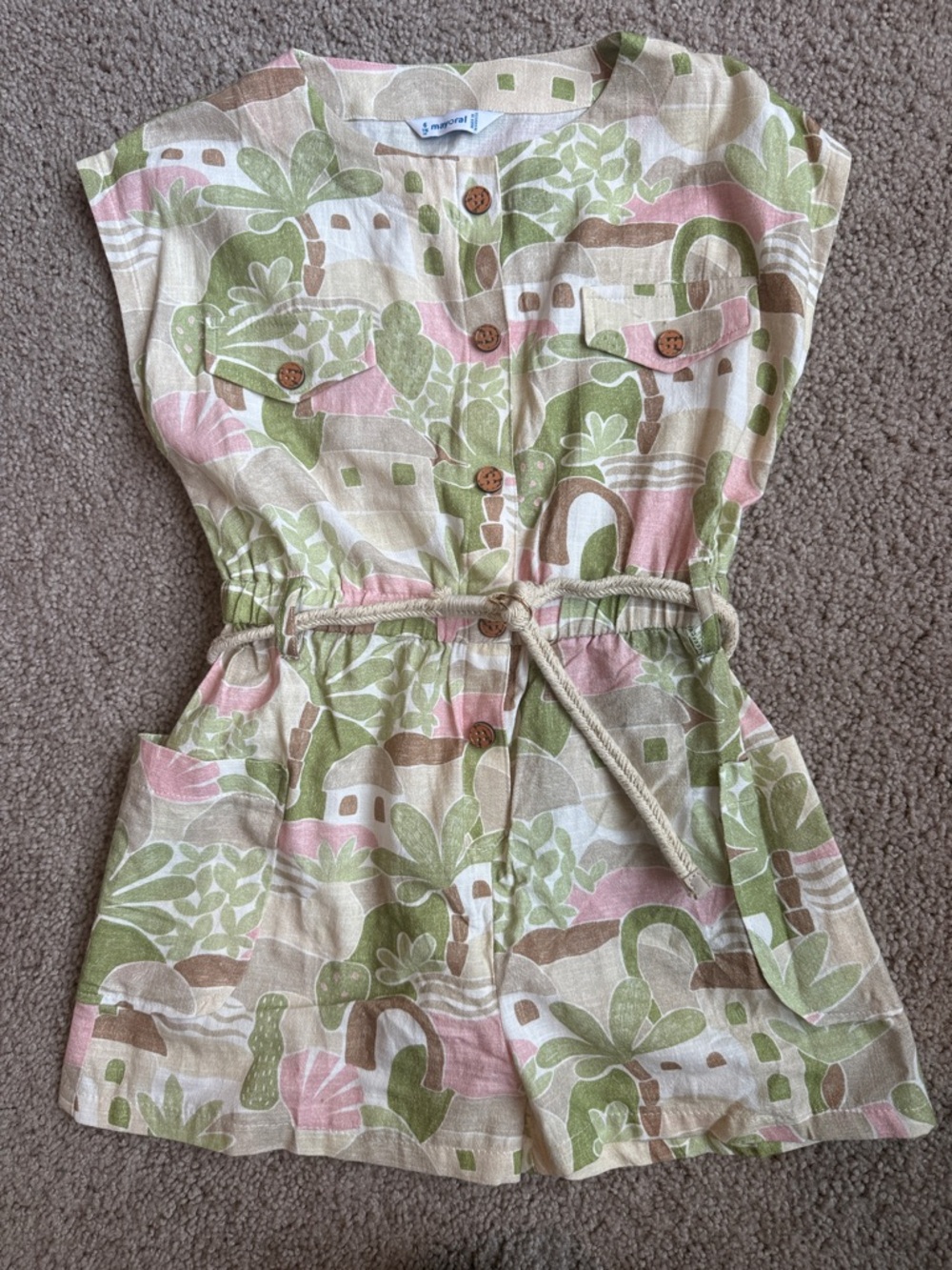 Mayoral Olive Green and Beige Leaf Print Romper